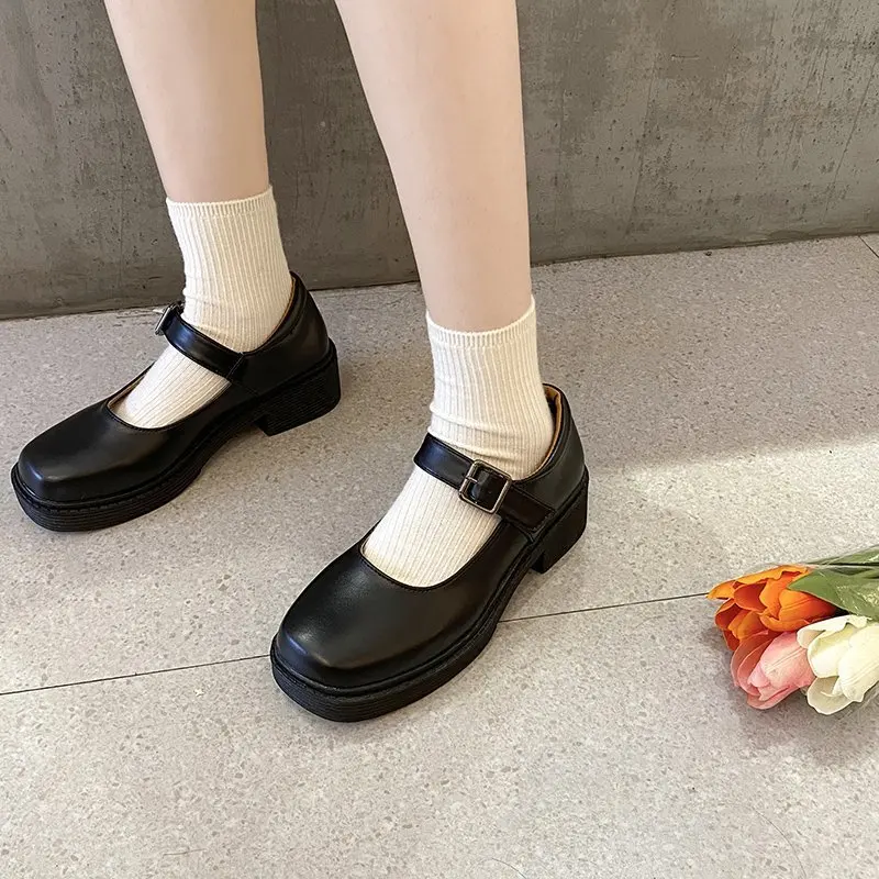 

2020 Spring and Autumn retro thick high heel Mary Jane big toe shoe girl online celebrity with college style small leather shoes