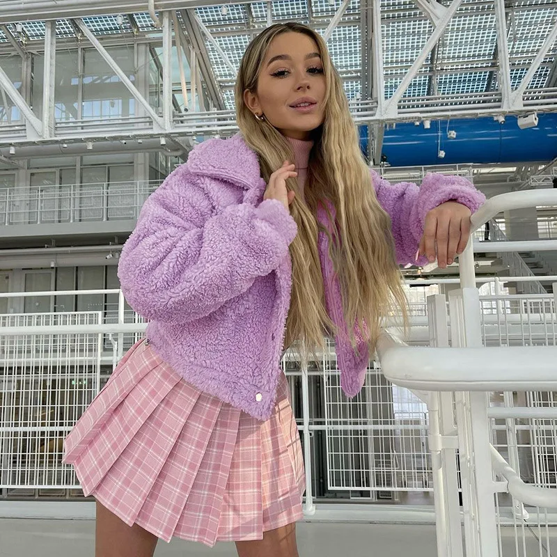 Winter Clothes Women Autumn and Winter Lamb Wool Women's Short Coat Fashion All Wear Warm Temperament Cardigan Round Neck Top