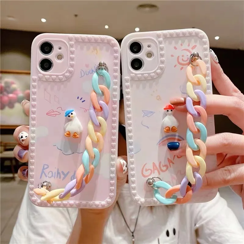 

!ACCEZZ Casing for iPhone 13 12 11 pro max X XS XR 7/8 Plus 6 6s 3D Cute goose with colorful hanging chain Phone Case