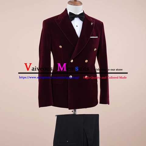 Костюм мужской бархатный, Модный деловой костюм бордового цвета, двубортный пиджак и брюки, облегающий свадебный костюм для жениха, 2 предмета