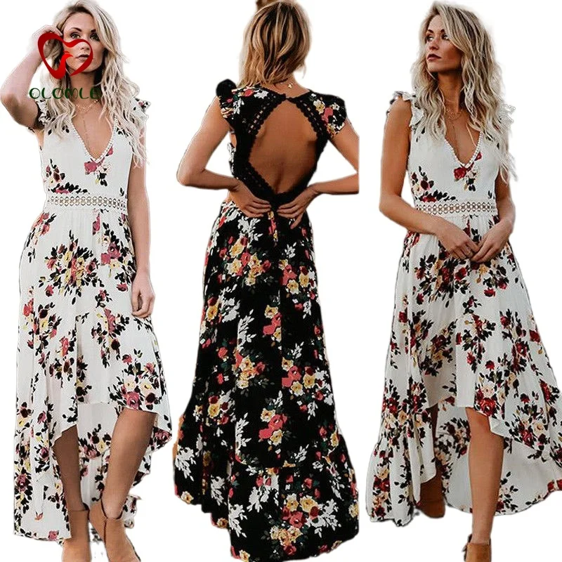 

Fashion Brand Newest Womens Summer Boho Maxi Dress Clubwear Party Beach Holiday Sundress Flower Asymmetrical Casual Dresses