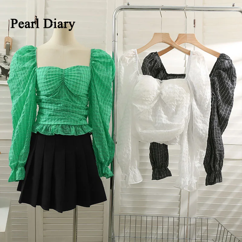 

Pearl Diary Fashion Korean Version Short Thin Crop Top Summer Square Collar Exposed Clavicle T-Shirt Fold Plaid Pattern Top Wom