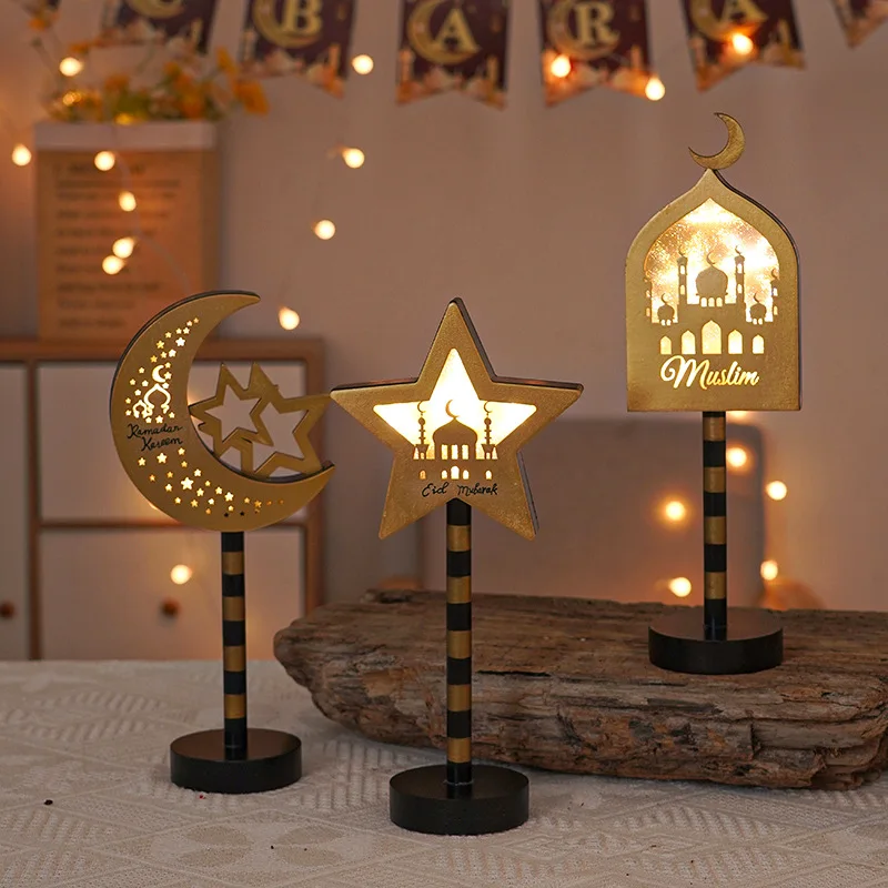 

EID Mubarak Рамадан, деревянное искусственное освещение, лампа, мусульманская лампа, домашний декор, Eid светодиодный, подсвечники, украшения