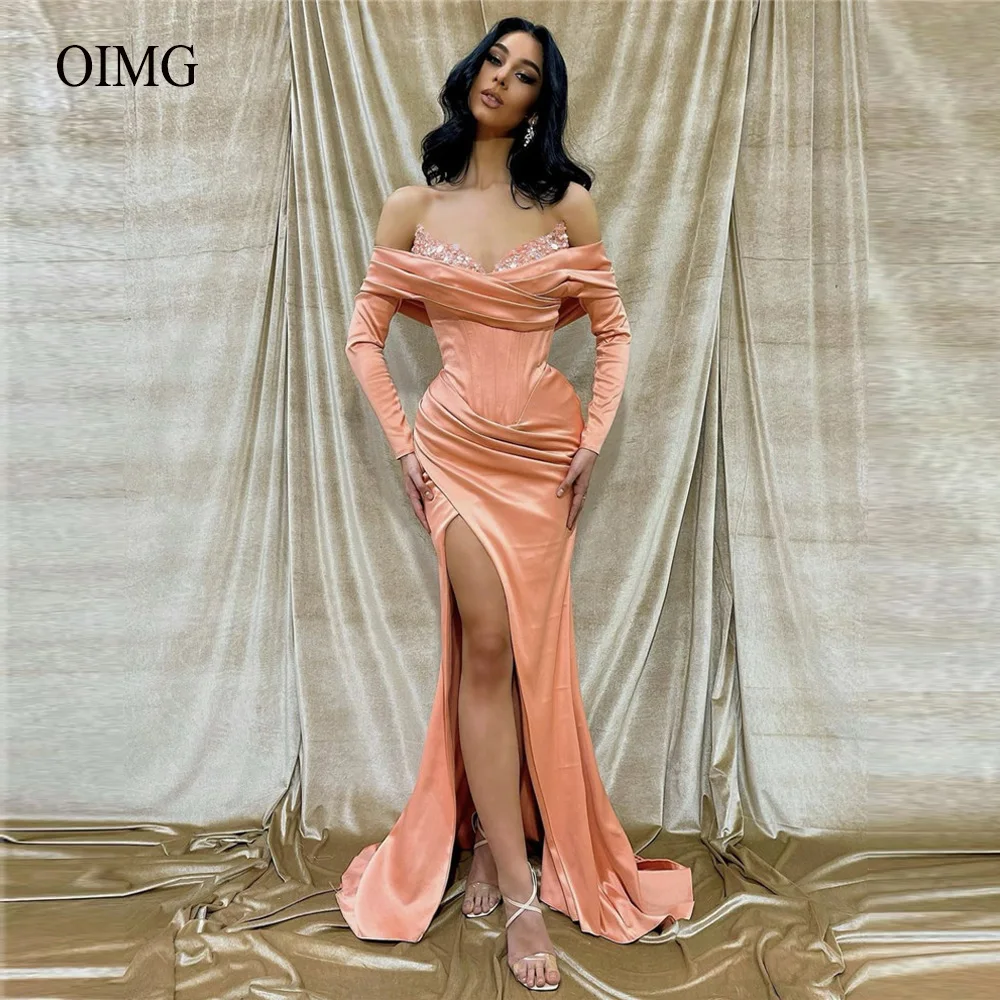 

Nude Blush Pink Satin Mermaid Prom Dresses Long Sleeves Off Shoulder Sequin Beads Neck Slit Women Evening Gowns New 2022