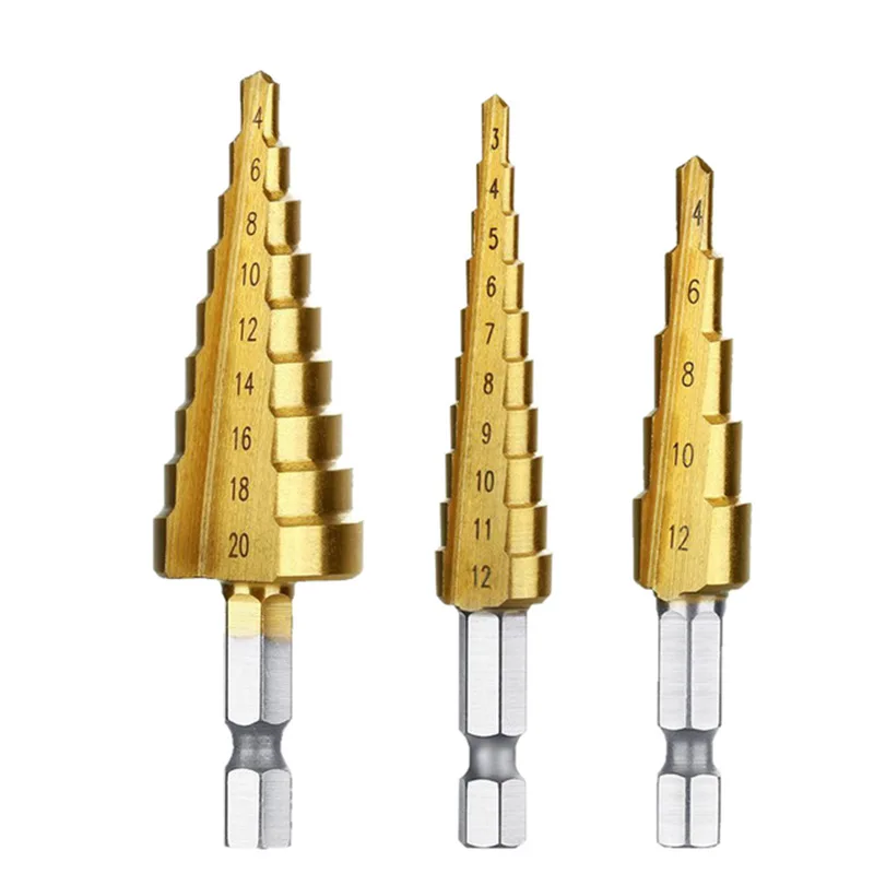 Набор сверл с шестигранной ручкой и лестницей титановым покрытием 3-12/4-12/4-20 мм