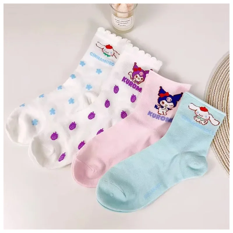 

Sanrios Anime Cartoon Cinnamoroll Kuromi Printed Girls' Knitted Socks Cute Breathable Mid Tube Socks Kawaii Student Sports Socks