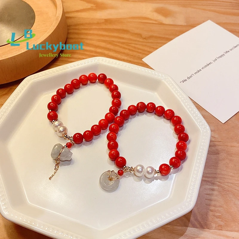 

Fashion Pearl Chalcedony Bright Red Cinnabar Single Ring Bracelet Female Original Stone This Life Year Fortune Transfer Couple F