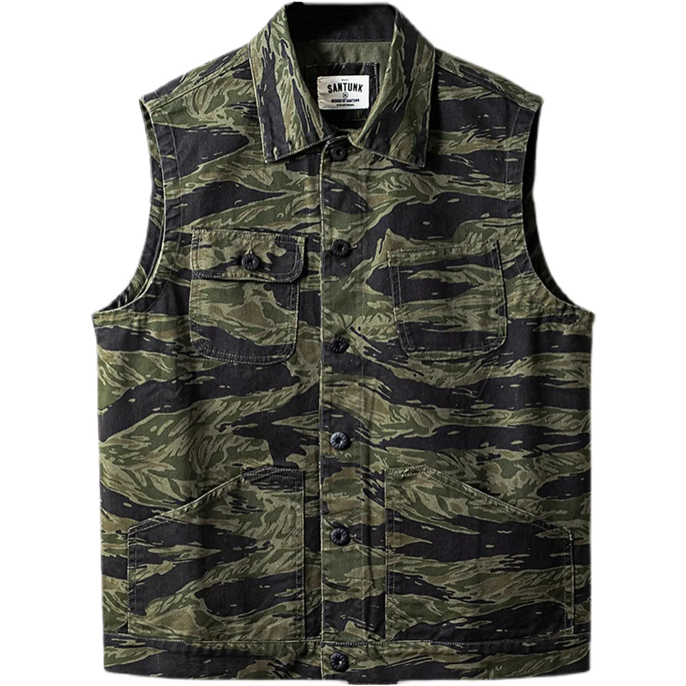 

Men's retro outdoor mountain tiger pattern camouflage vest summer Polo vest