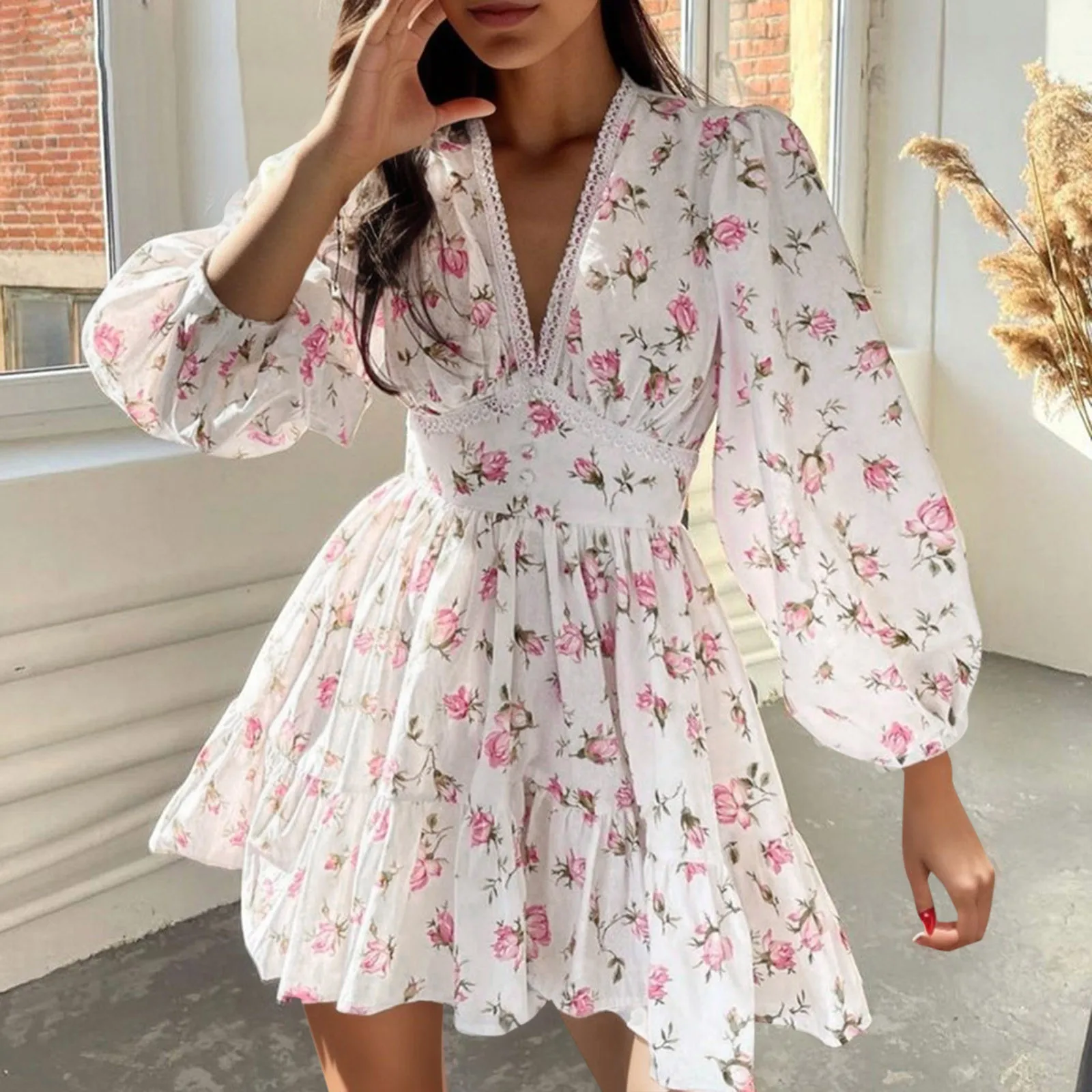 

Women Wrist Floral V Neck Dresses Pleated Lacing Ruffle Long Sleeve Bohemian Mini Lady Sweet Lace Short Dress Vintage Vintage