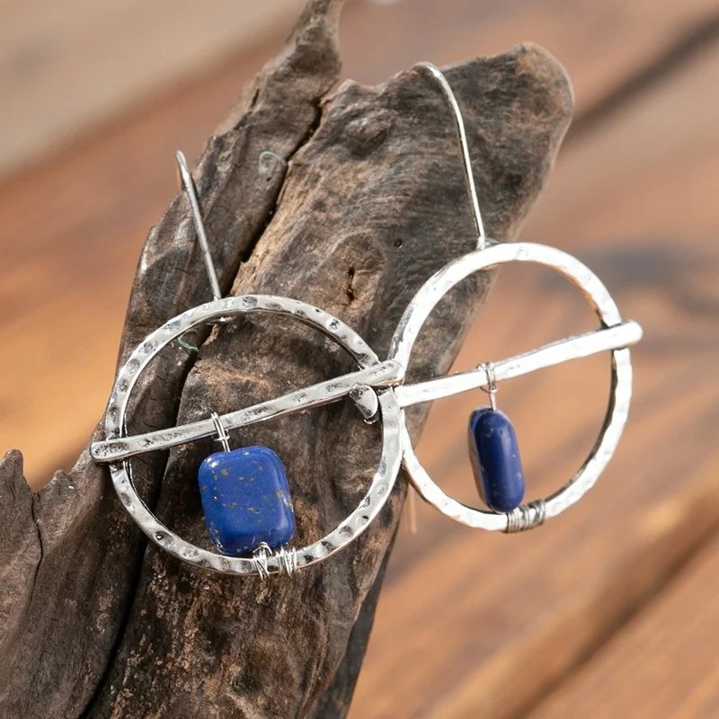 

New hammering 925 large silver ring earrings, vintage hand wound natural lapis lazuli Earrings