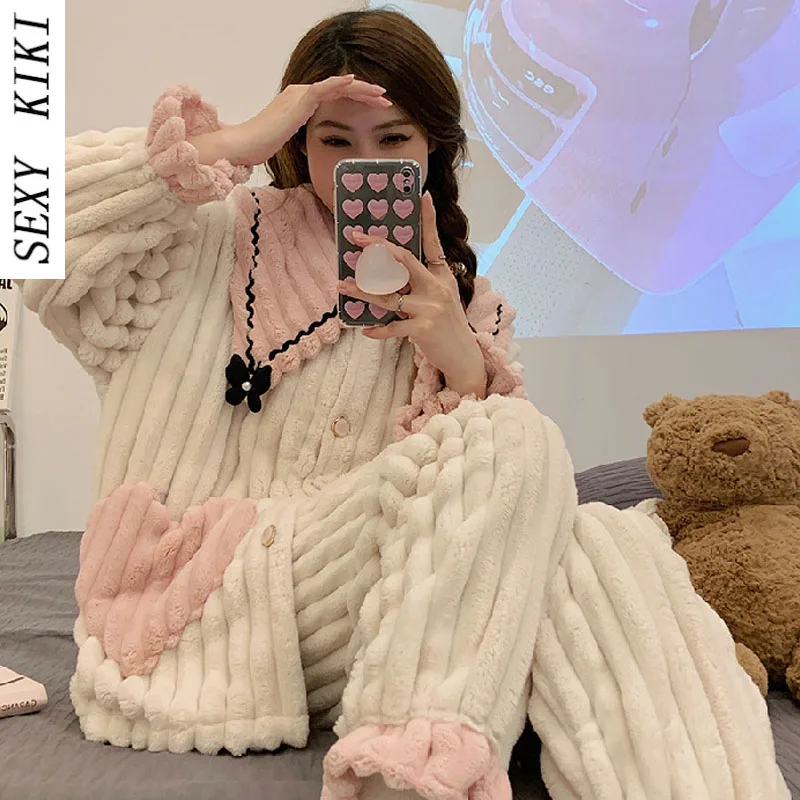 Cute princess style coral fleece pajamas women's winter thickened plus velvet long-sleeved autumn and winter suit home service