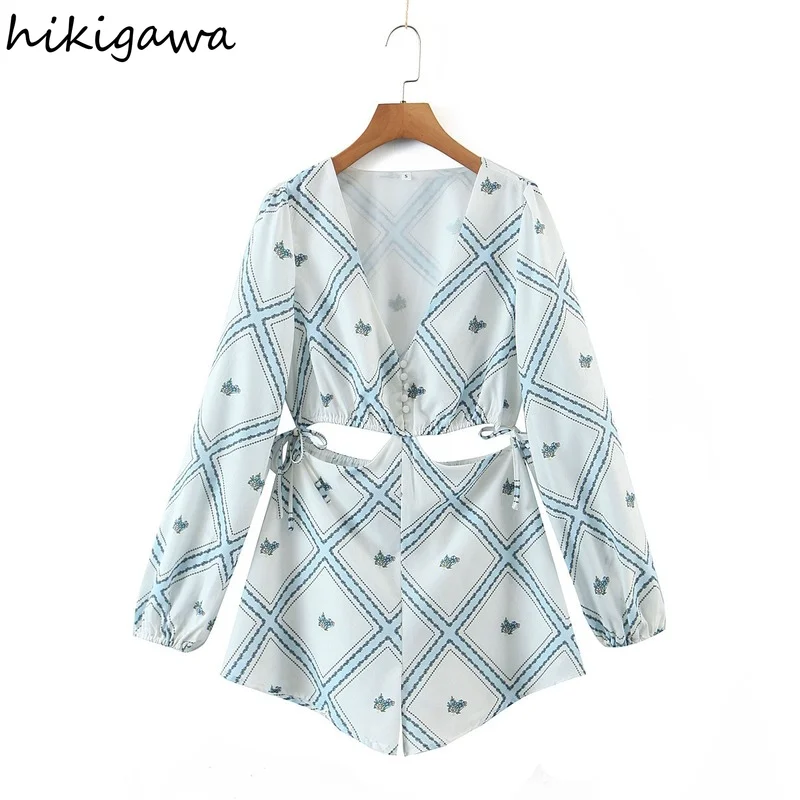 

Hikigawa Chic Fashion Women Clothing Lined Plaid With Floral Print Open Waist Tied Playsuits Vintage Long Sleeve Rompers Mujer