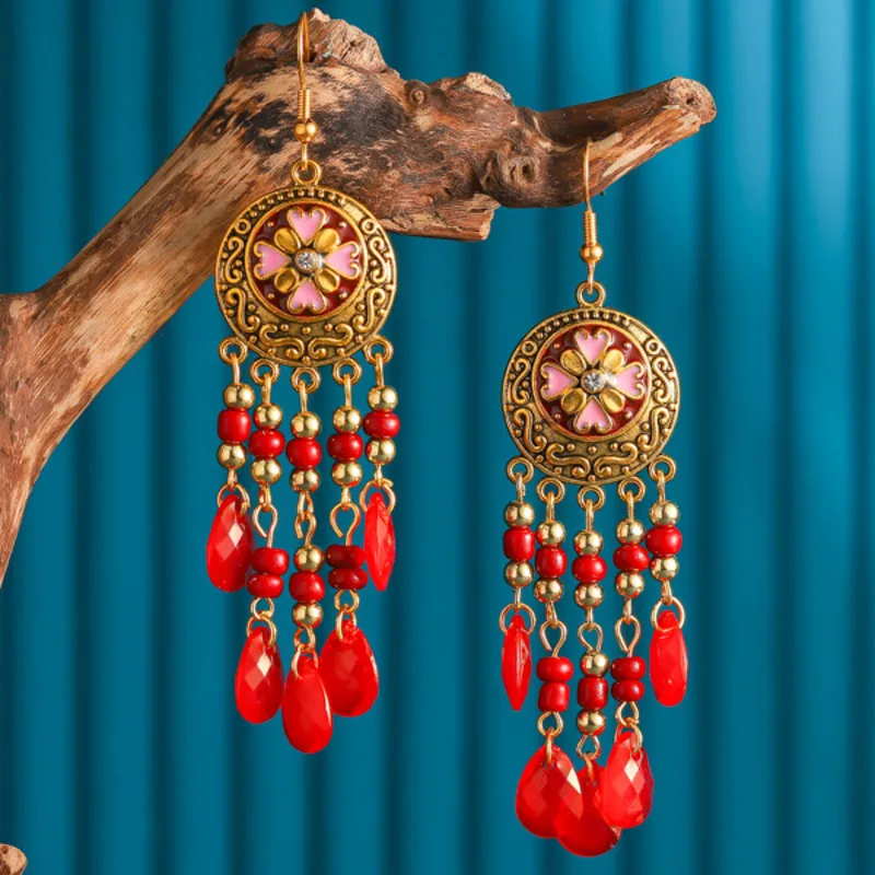 

Bohemian Bead Tassel Earrings Antique Gold Color Vintage Water Drop Long Chian Hanging Earrings For Women