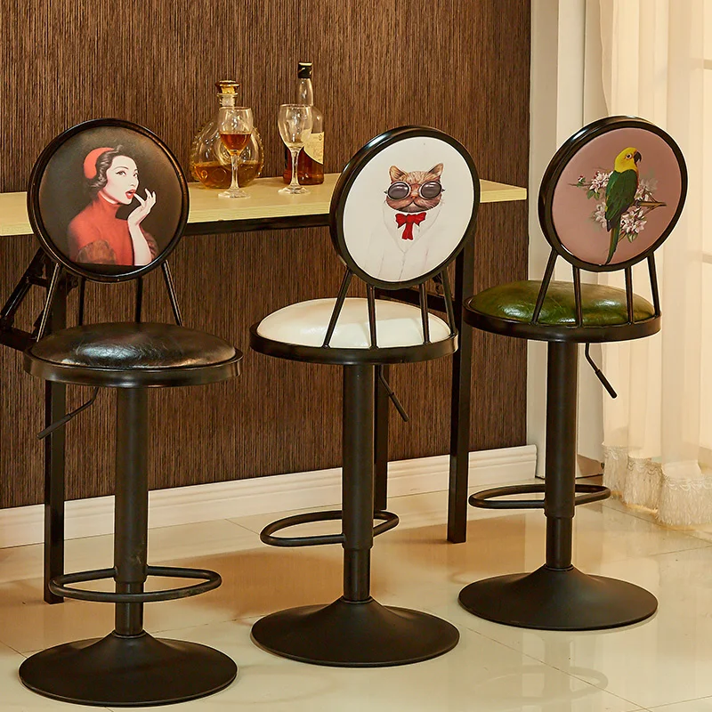 S Fashion Simple High Chair Retro Lifting Rotation Bar Chair With Backrest Milk Tea Shop Front Desk Cashier