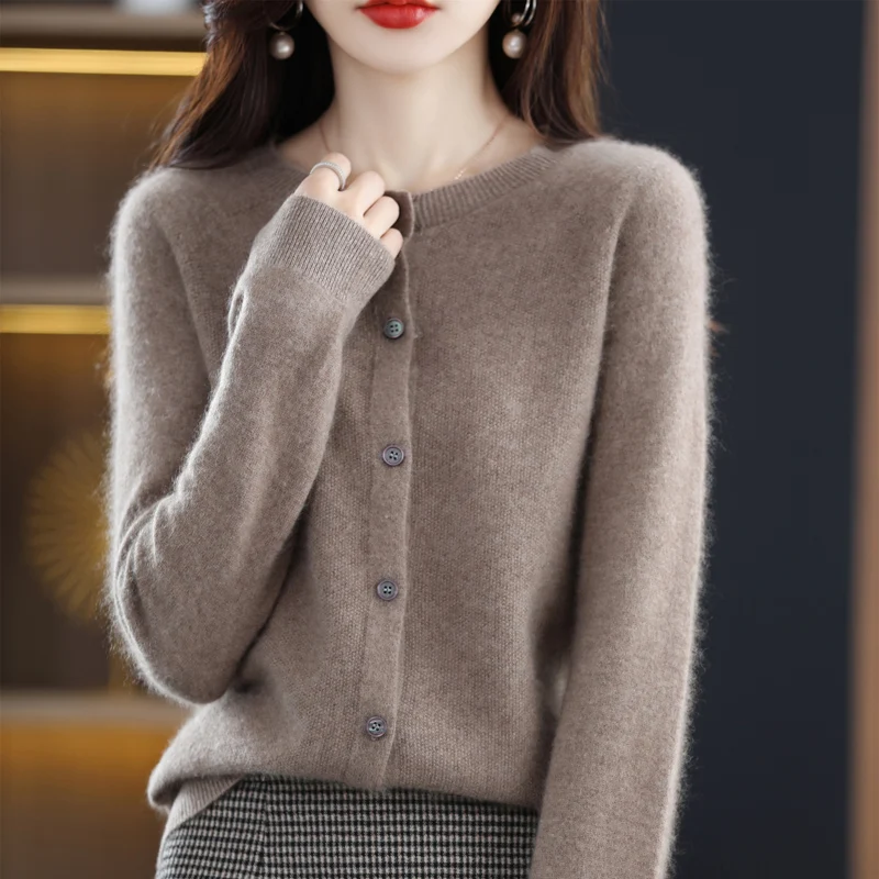 

Round Neck 100% Wool Women's Cardigan Early Spring And Autumn New Loose Foreign Style Top Thin Section Knitted Sweater Coat