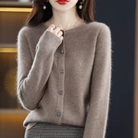 round neck 100 wool womens cardigan early spring and autumn new loose foreign style top thin section knitted sweater coat