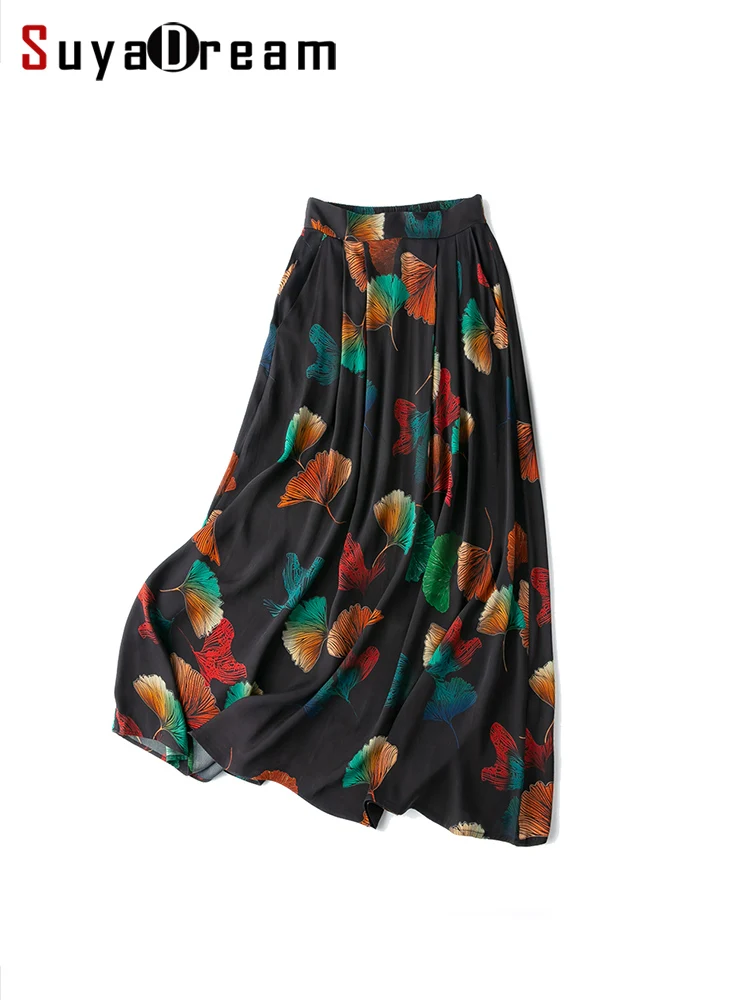 SuyaDream Floral Skirt for Woman 93%Silk 7%Spandex A-Line Printed Elastic Waist Long Skirts 2023 Spring Summer Bottoms Black