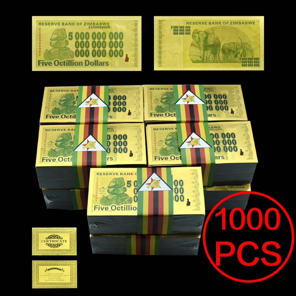 

1000pcs/lot Zimbabwe Five Octillion Dollars Gold Banknotes Uncurrency Paper Money with Watermark Artworks for Collection