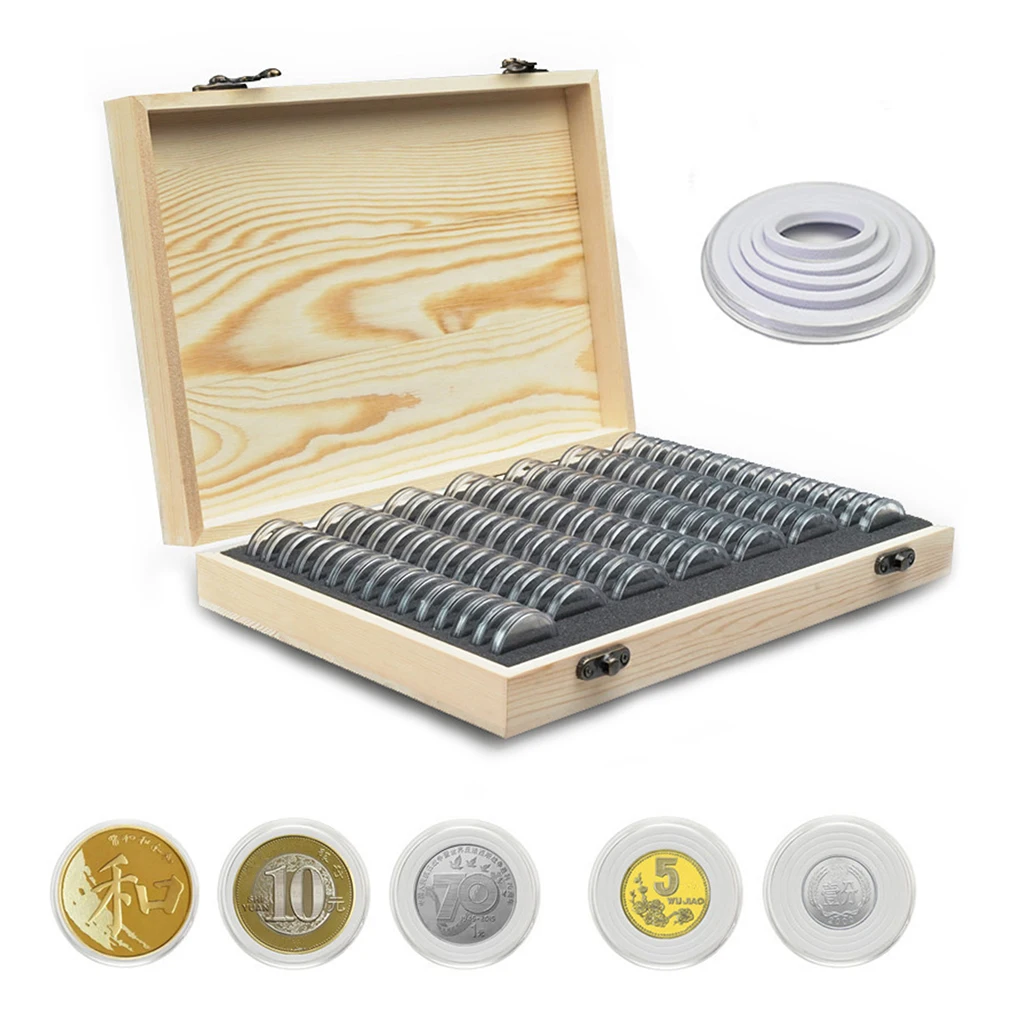 

30mm Clear Coin Capsule Holder Box with Gaskets and Wooden Box for Challenge Commemorative Coin Storage Container Organizer