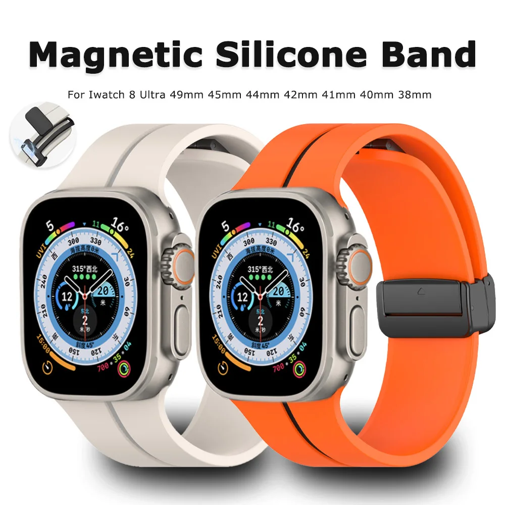 

Silicone Strap For Apple Watch Ultra Band 49mm 44mm 45 41mm 40 42mm 45mm Magnetic Buckle Bracelet For iWatch Series 8 se 7 6 5 3