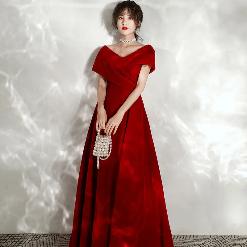 

dress bride spring French light extravagant evening dress dress dress women's wine red satin engagement large fat mm dress