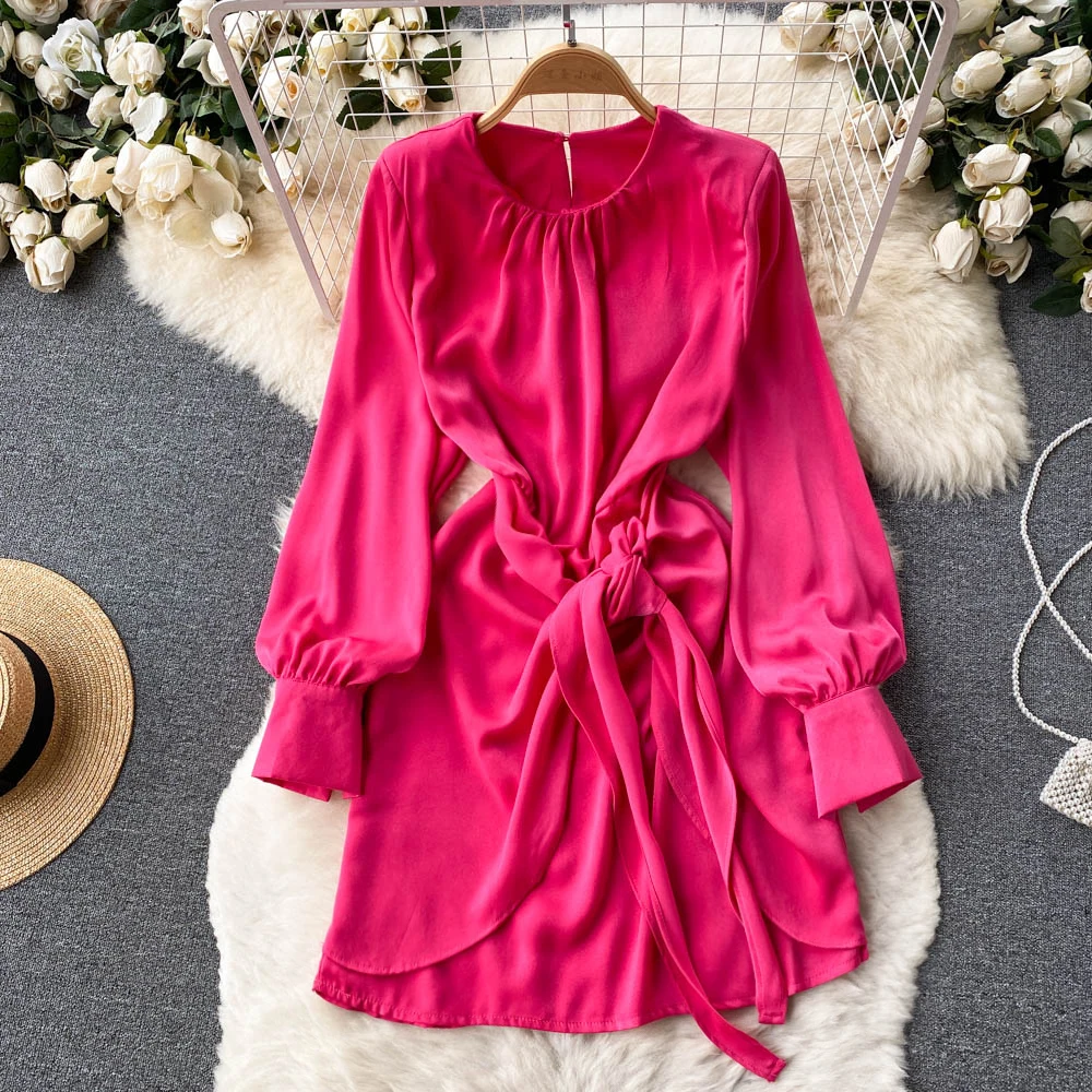 

Женское свободное платье со складками, тонкое асимметричное однотонное платье с длинным рукавом и круглым вырезом, модель F314 на весну и осе...