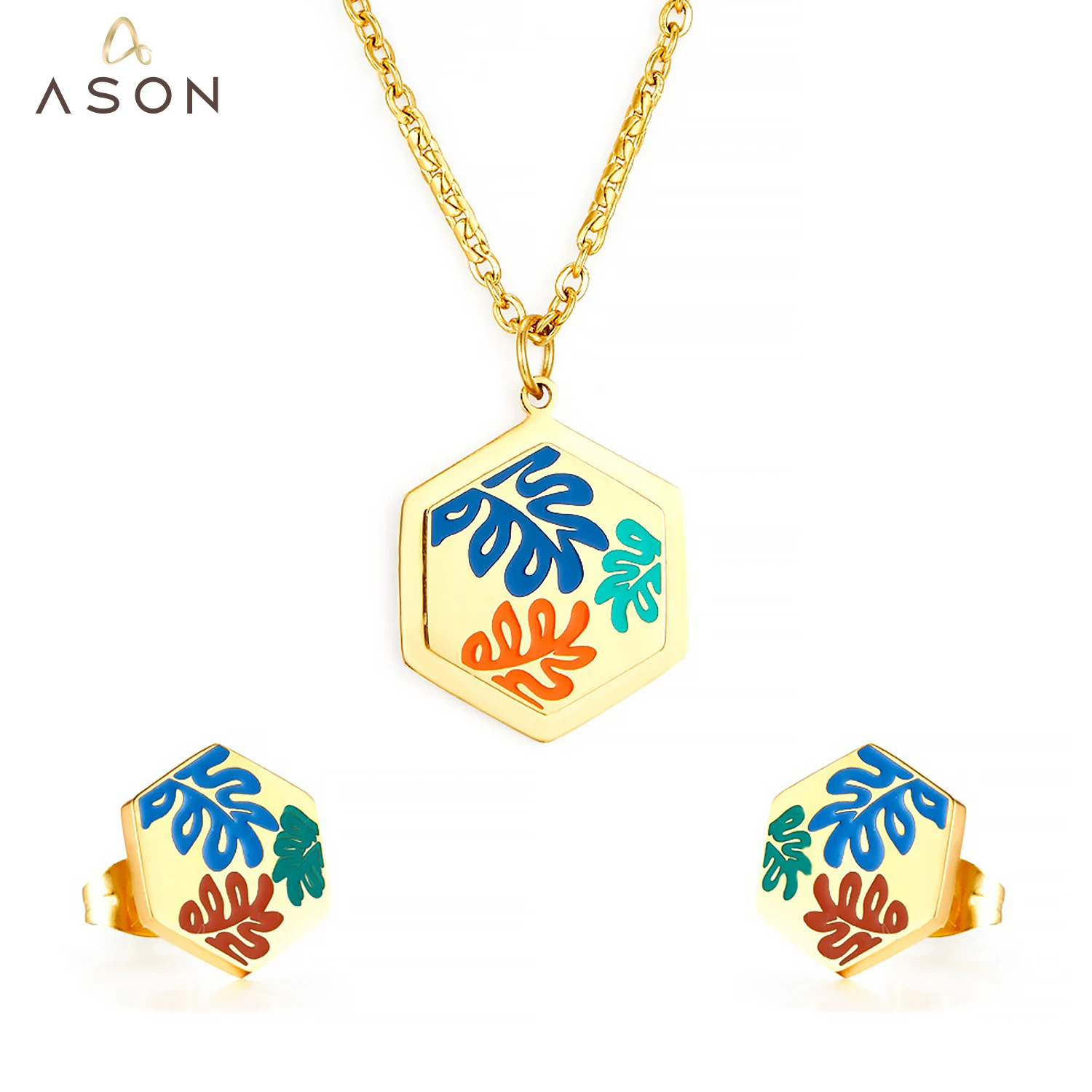 

ASONSTEEL Hexagon Mixed Color Leaf Pattern Pendant Necklace Earring Jewelry Set Gold Color Stainless Steel For Women Daily Wear