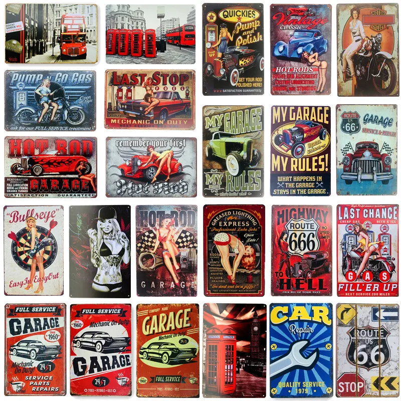 

Garage Pin up Lady Route 66 Vintage Tin signs Art Wall Decoration House Cafe Bar Metal Craft Decor