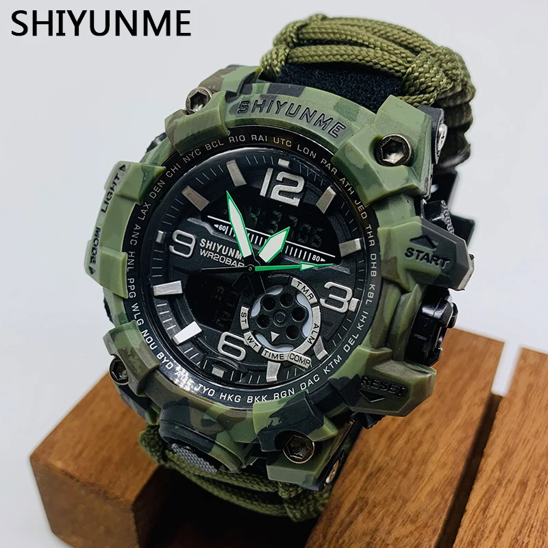 

SHIYUNME камуфляжные военные цифровые часы мужские спортивные армейские водонепроницаемые кварцевые часы с двойным дисплеем и несколькими ча...