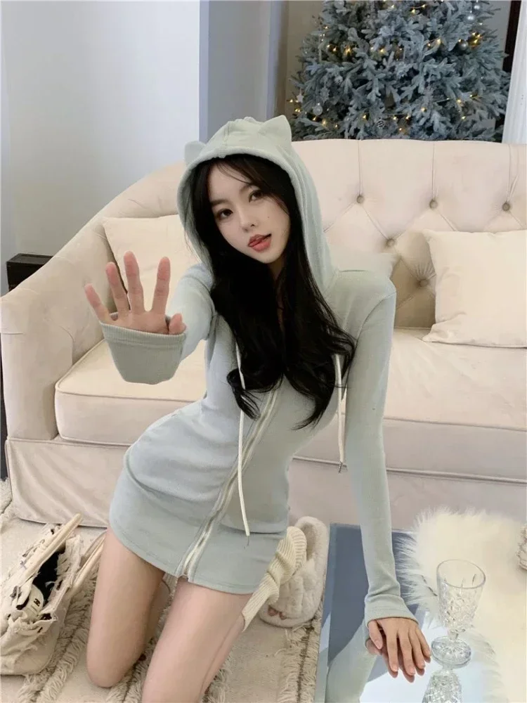 

Deeptown Coquette Sexy Mini Blue Dress Women Korean Style Cute Long Sleeve Hooded Dreeses Y2k Egirl Sweet Corset Winter Vestidos