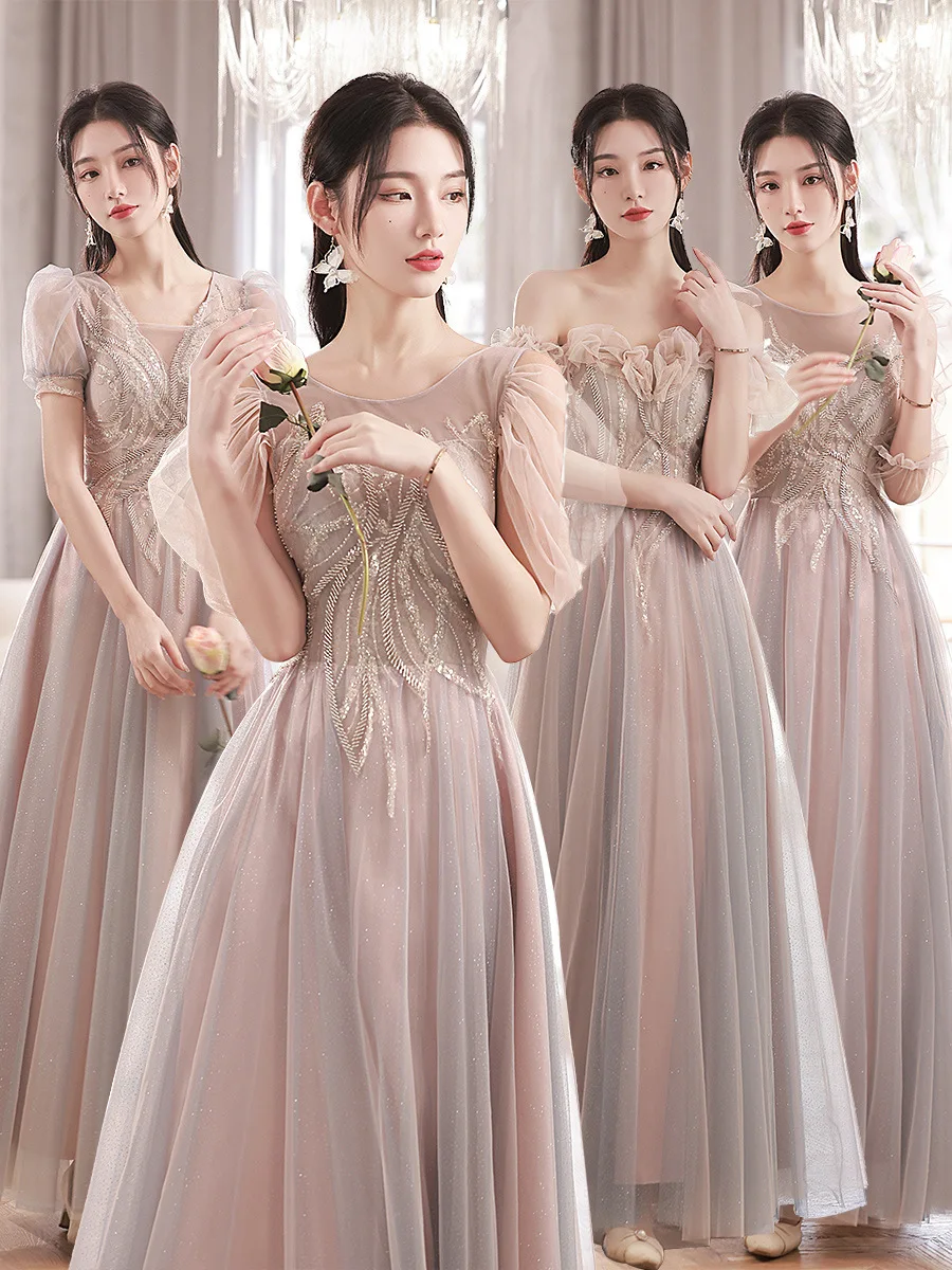 

4 Styles Pink Bridesmaid Dress New Sequin Applique Tulle Elegant Lace Up Long Evening Gown For Wedding Guests Vestidos