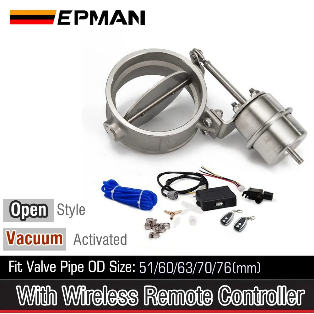 

Exhaust Control Valve Cutout 2.3" 60mm Pipe Open Style With Vacuum Actuator With Wireless Remote Controller Set EP-CUT60-OP-DZ