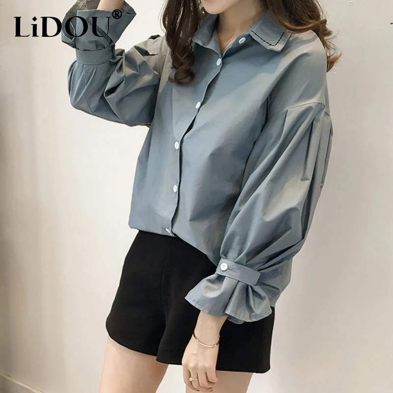 

Spring Autumn Korean Style Polo-neck Buttons Elegant Fashion Blouse Women Loose Casual Shirt Long Sleeve Simple All-match Blusa
