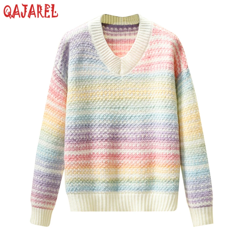 

Женский трикотажный хлопковый свитер в полоску, повседневный элегантный Свободный пуловер с длинным рукавом в Корейском стиле, Осень-зима ...