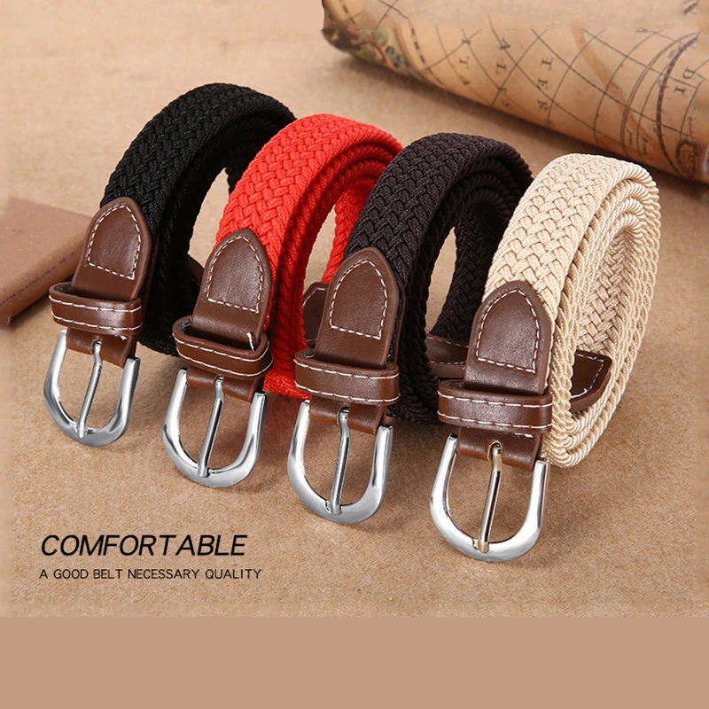 Metal Buckle Vintage Belt Men's and Women's Fashion Expandable Woven Elastic Woven Canvas Belt Buckle Belt Plain Weave Belt