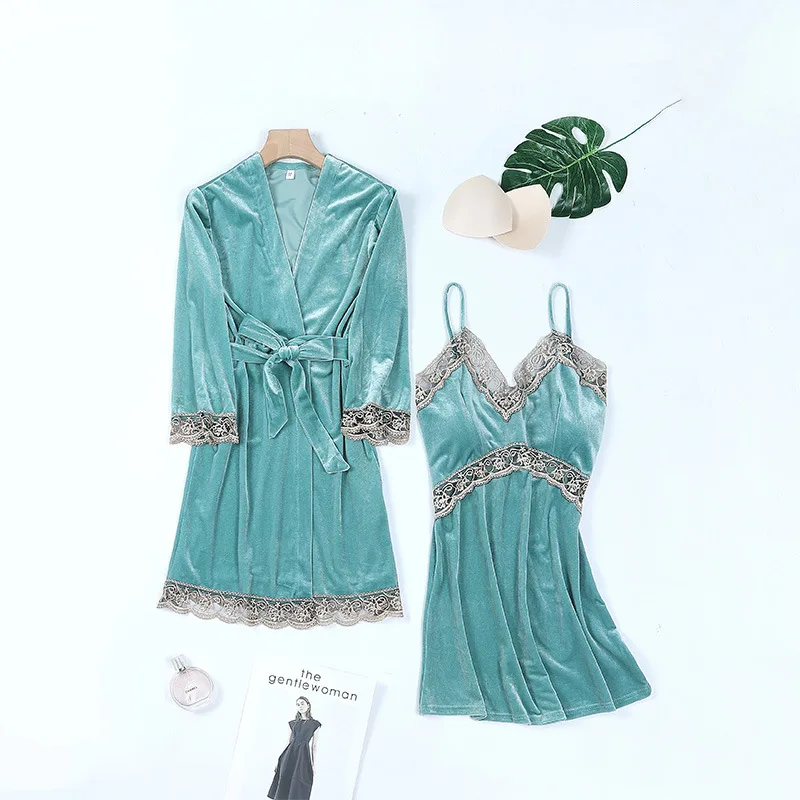 Women's Sleepwear 2 Pcs Sets Velvet Sleepwear Lace Robe Nightgown and Backless V-neck Sleep Dress Pajamas Set