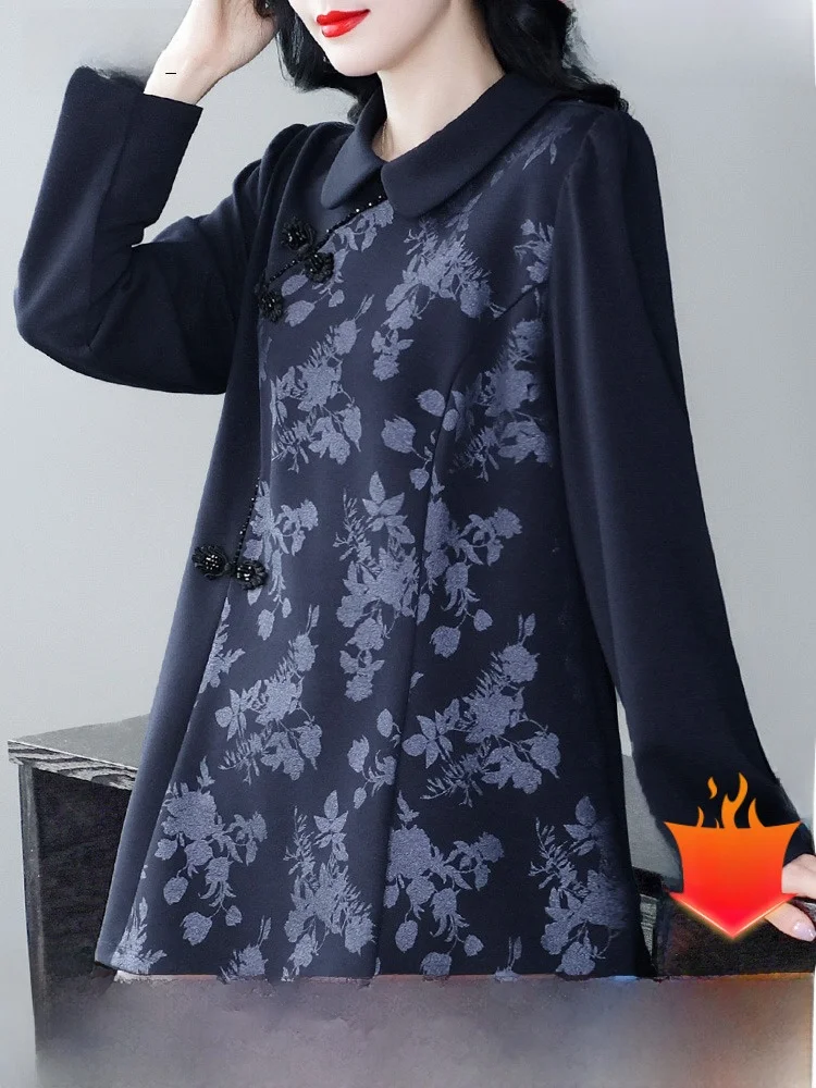 Плюс размер Женская национальная элегантная рубашка для похудения Осень и зима