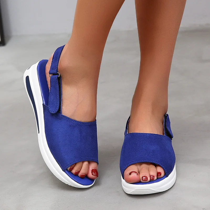 

2022 Summer Hot Ladies Fish Mouth Solid Color Casual Sandals Plus Size Hookloop Wear Wedge Heel Soft Sole Daily Wild Sandals