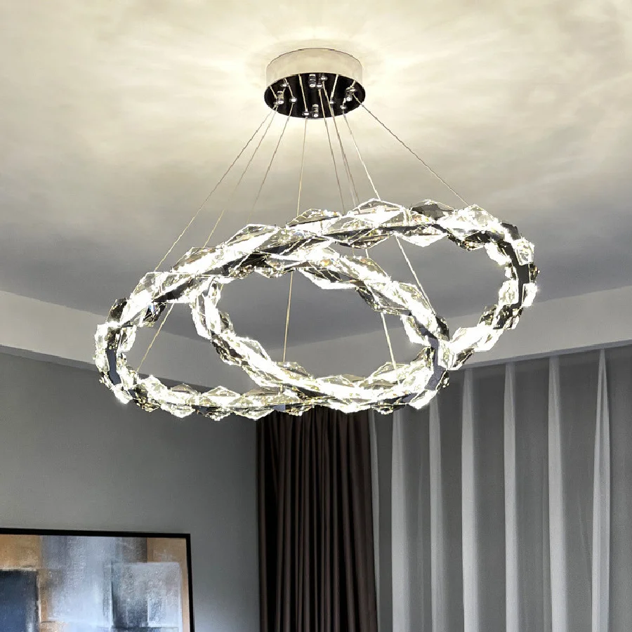 

Living Room Luxury Modern Led Dimmable Pendant Lights Lustre K9 Crystal Led Luminarias Chrome Iron Circle Pendant Lamp Fixtures