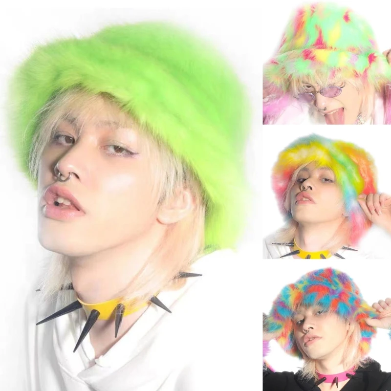

Trendy Women's Tie-dyed Rainbow Color Plush Bucket Hat Fluffy Plush Winter Hat