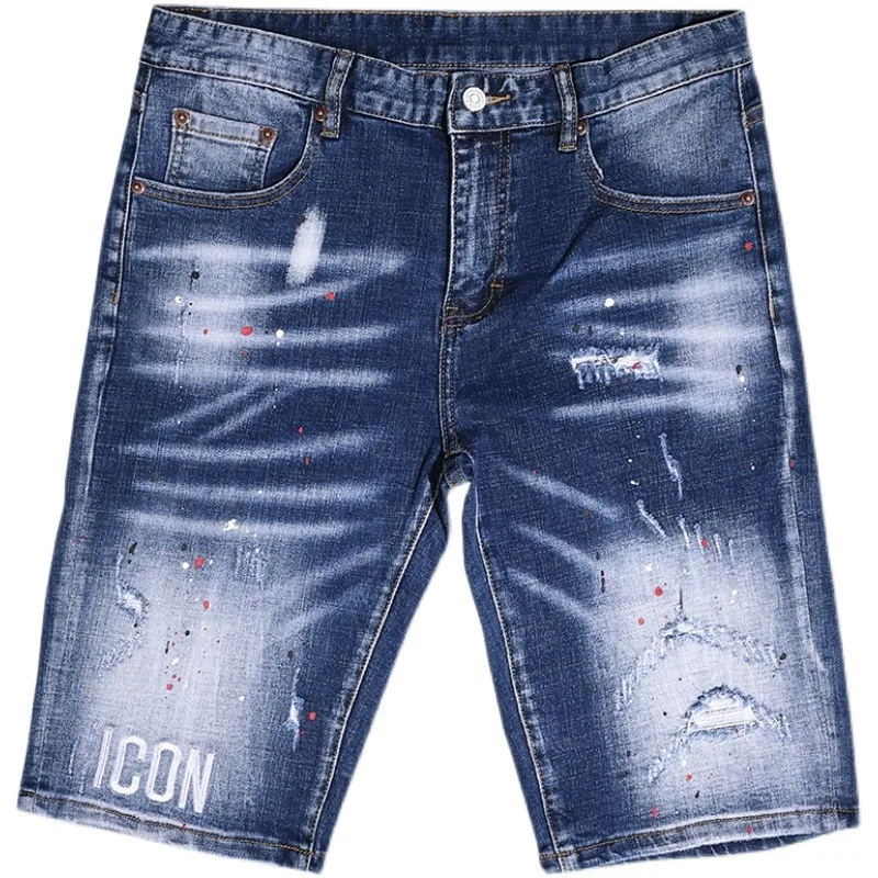 Ripped Denim Shorts Men Fashion Embroidery Dots Printed Short Jeans Summer Streetwear Casual Blue Straight Slim Fit Pants