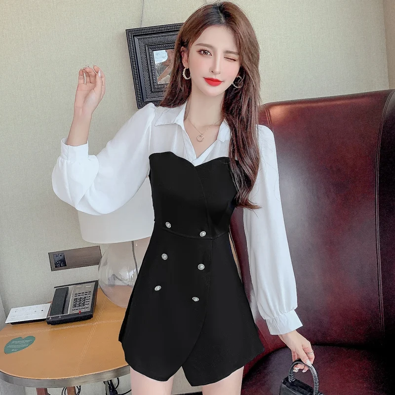 

Женский комплект из 2 предметов, короткое двубортное платье и черные шорты в стиле пэчворк, весна 2022