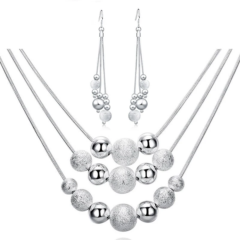 

JINGLIN 925 Sterling Silver 18-inch Frosted Beads Pendant Earrings Necklace For Woman Fashion Jewelry Set Wedding Gift