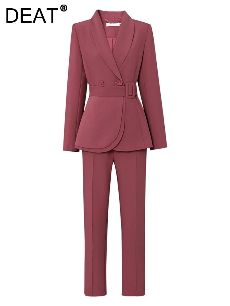 

DEAT Fashion Women's 2 Pcs Set Shawl Collar Lace Up Belt Waist Solid Color Blzer Long Slim Pants Suit Spring 2023 New 17A4807