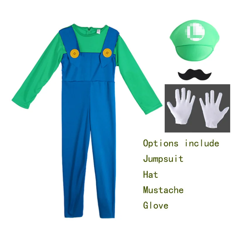 Фото Костюм Луиджи для мальчиков, Super Luigi Bros, комбинезон для косплея, боди, шляпа, костюм с бородой, костюмы на Хэллоуин №2