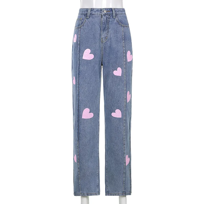 Fashion Love Sequined Trousers Split Blue Jeans Women's 2022 Summer High Waist Casual Drape Straight Trousers Boyfriend Jeans