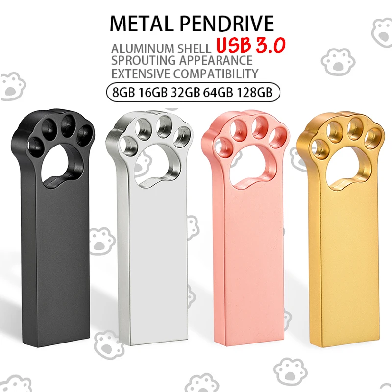 

USB Flash Drive 3.0 Real Capacity Pen Drive Mini Metal High Speed 64GB Thumb Drive 32GB 16GB Multicolor Cat Paws Memory Stick