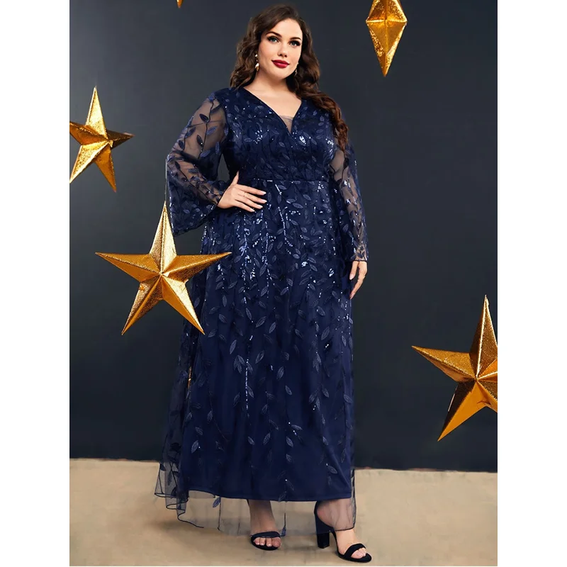2023 Plus Size V Neck Chiffon Embroidered Lace Royal Blue Dress Elegant Luxury 5XL6XL Loose Wedding Banquet Party Woman Dress