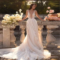 sumnus 2022 elegant long a line tulle wedding dress lace appliques spaghetti straps robe de mariee see through bridal gowns new