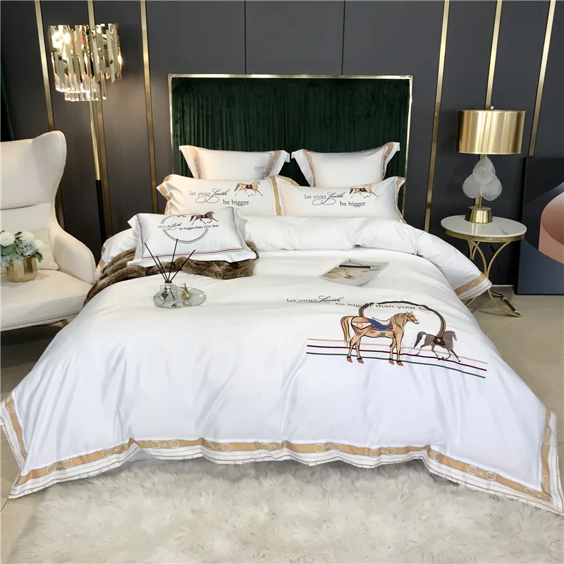 

New Luxury White Satin Silk Cotton Knight Horse Embroidery Bedding Set Double Duvet Cover Set Bed Linen Fitted Sheet Pillowcases